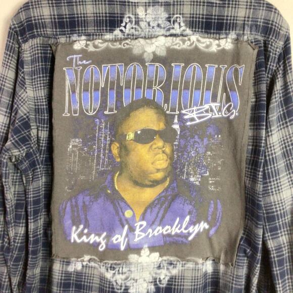 Reworked NOTORIOUS BIG King Of Brooklyn Flannel Blue Large - Picture 2 of 5
